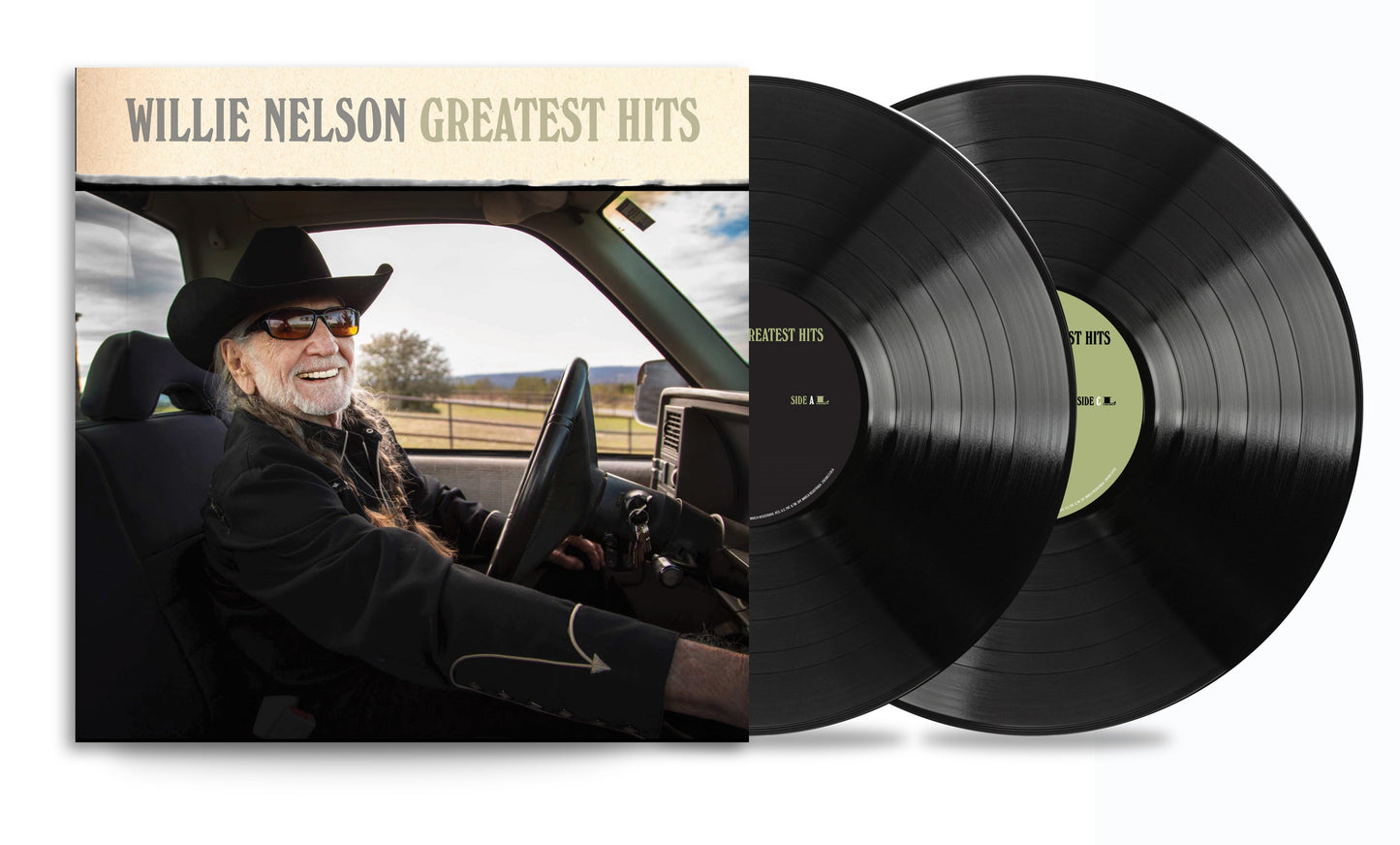 Willie Nelson’s “Greatest Hits” vinyl record with cover art showing him driving.