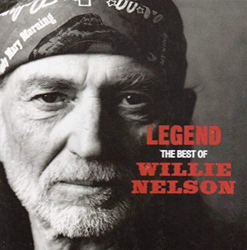 Black and white portrait of Willie Nelson wearing a bandana with red text overlay.
