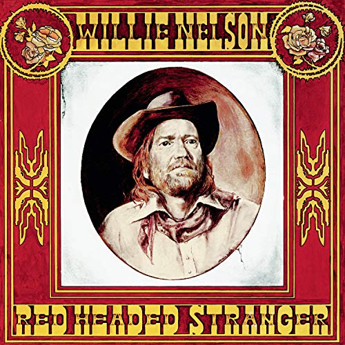 Willie Nelson album cover, “Red Headed Stranger,” portrait in a red frame.