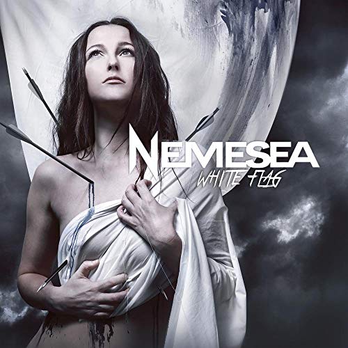 "Album cover featuring a woman with arrows, holding a white cloth, against a cloudy background."