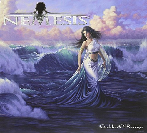 Painting of a woman in a flowing white dress amidst large waves.