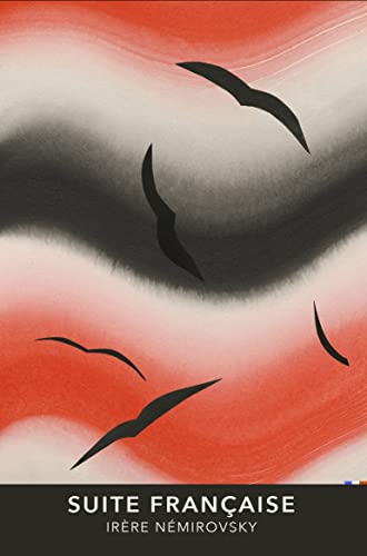 Book cover: "Suite Française" with abstract birds and red-grey tones.