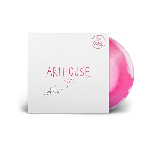 White vinyl record sleeve with pink text and a pink and white marbled disc.