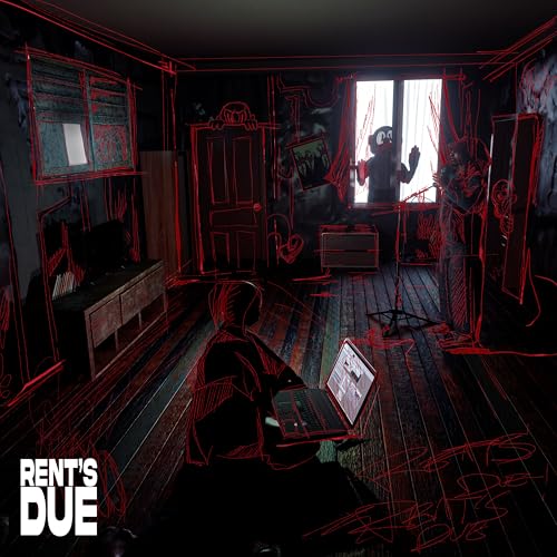 Dark, illustrated room with figures and glowing red outlines; album art.