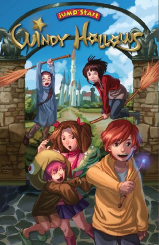Four young people with magical items stand before a castle gateway.