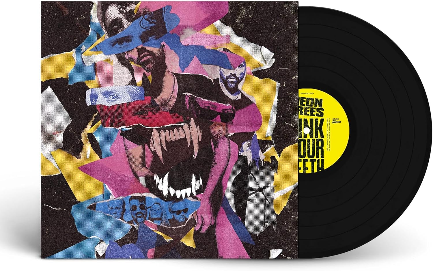 Vinyl record with collage cover featuring faces and animal teeth.