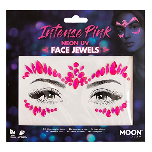 Pink, self-adhesive face jewels on card, with model application shown.