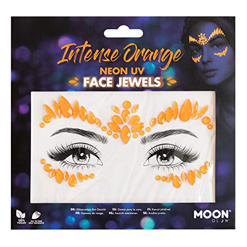 Sheet of orange adhesive face jewels arranged in a pattern for eye decoration.