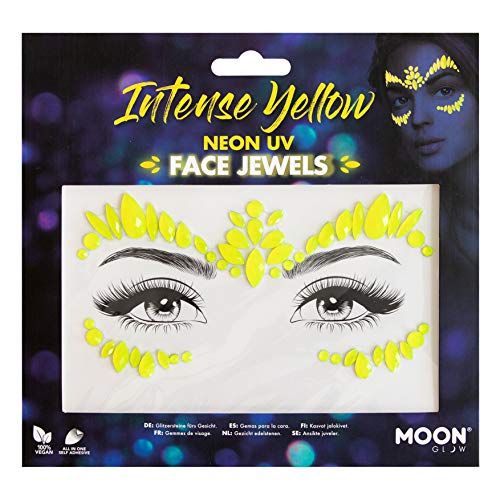 Package of neon yellow adhesive face gems arranged in a pattern for the eyes.