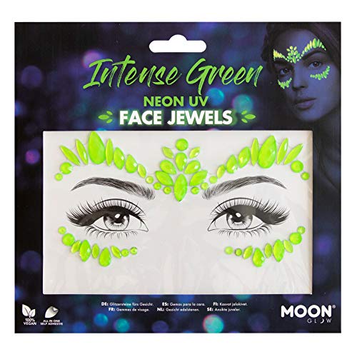 Intense green neon UV face jewel stickers on a white backing card.
