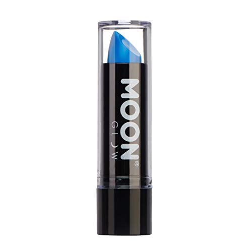 A tube of bright blue lipstick with a clear cap and Moon Glow branding.