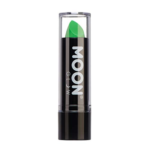 A tube of bright green Moon Glow lipstick with a clear plastic cap.