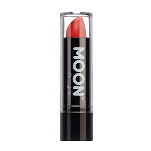 A tube of intense red Moon Glow lipstick with a clear cap.