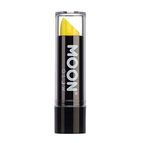 A tube of yellow lipstick with a clear cap and black Moon Glow branding.