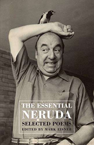 Black and white book cover featuring Pablo Neruda with a small bird on his head.