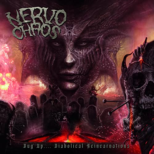 Dark album cover featuring a demonic face, graveyard, and skull.