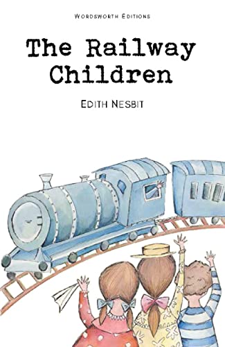 Book cover of "The Railway Children" with a blue train and waving children.
