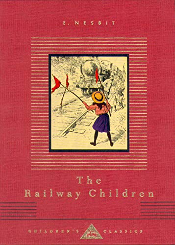 Red book cover with illustration of a child and a steam train.