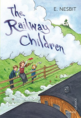 "The Railway Children" book cover featuring three children by a train, illustrated scene.