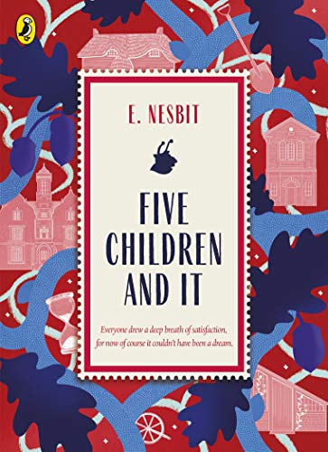 Book cover for "Five Children and It" by E. Nesbit, illustrated with houses.