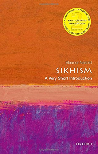Book cover: “Sikhism: A Very Short Introduction” with orange and purple abstract art.