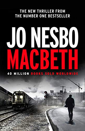 "Book cover of 'Macbeth' by Jo Nesbo, featuring a person on a pier at dusk."