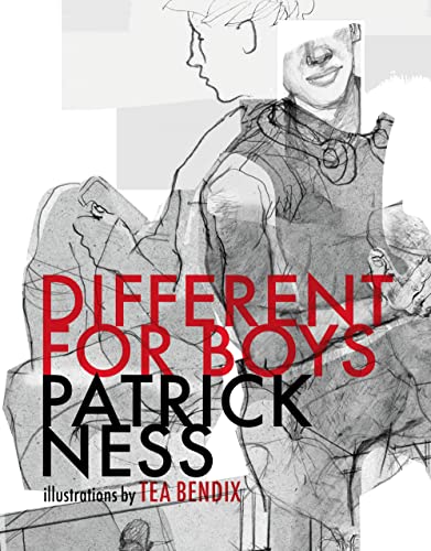 Book cover, “Different for Boys” by Patrick Ness, sketched male figures.