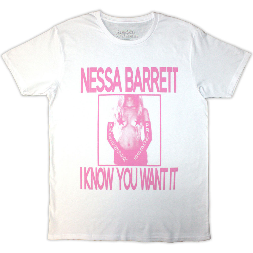 Black t-shirt with white text: “I Know You Want It”, Nessa Barrett branding.