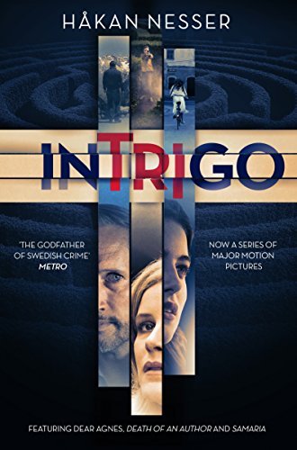 Book cover for "Intrigo" featuring fragmented portraits and a labyrinth.
