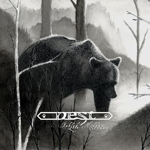 Black and white illustration of a bear in a forest, with album title.