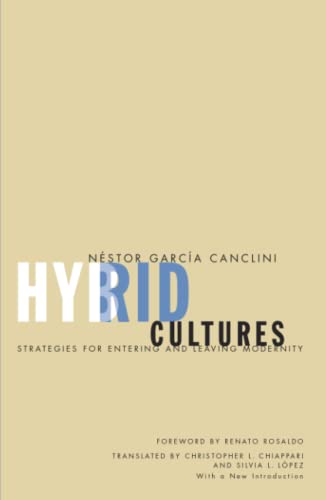 Book cover: "Hybrid Cultures" by Néstor García Canclini, beige background.
