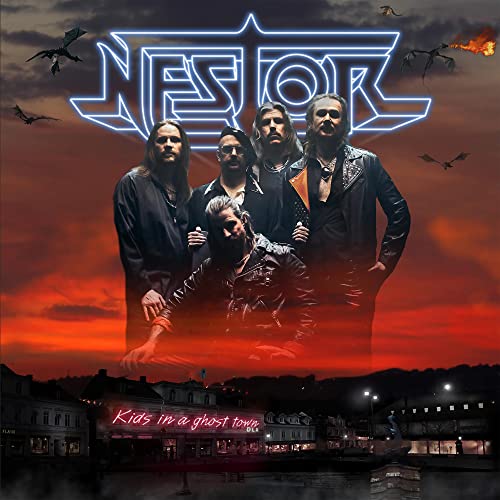 Band Nestor portrait with fiery sunset and ghost town backdrop.