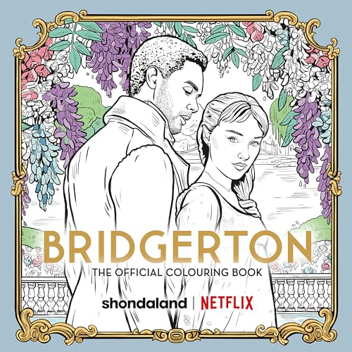 Bridgerton" colouring book cover featuring a couple amidst floral designs.