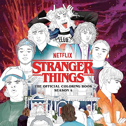 Line art of Stranger Things characters in front of the Creel House with red background.