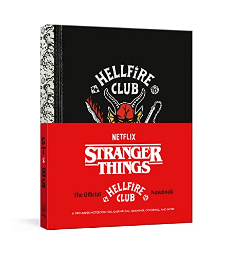 Black notebook with "Hellfire Club" and "Stranger Things" logos in red.