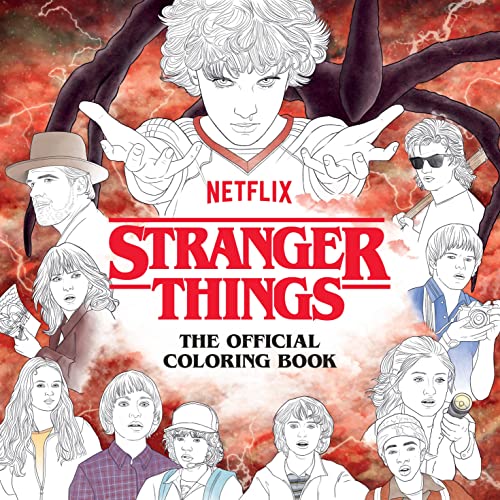 Stranger Things coloring book cover featuring line art of the show's main cast members.