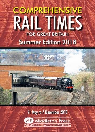 "Red book cover with a steam train and title 'Comprehensive Rail Times for Great Britain'."