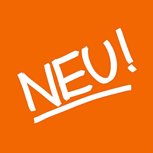 Orange square with bold, white handwritten-style "NEU!" text.