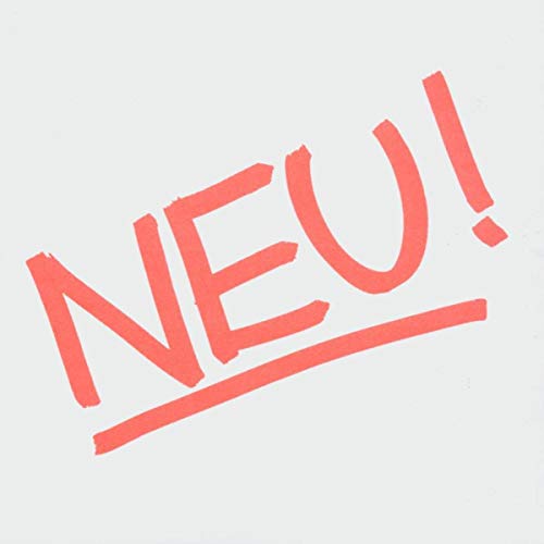 Red text reading NEU! with an underline, set diagonally against a plain white background.