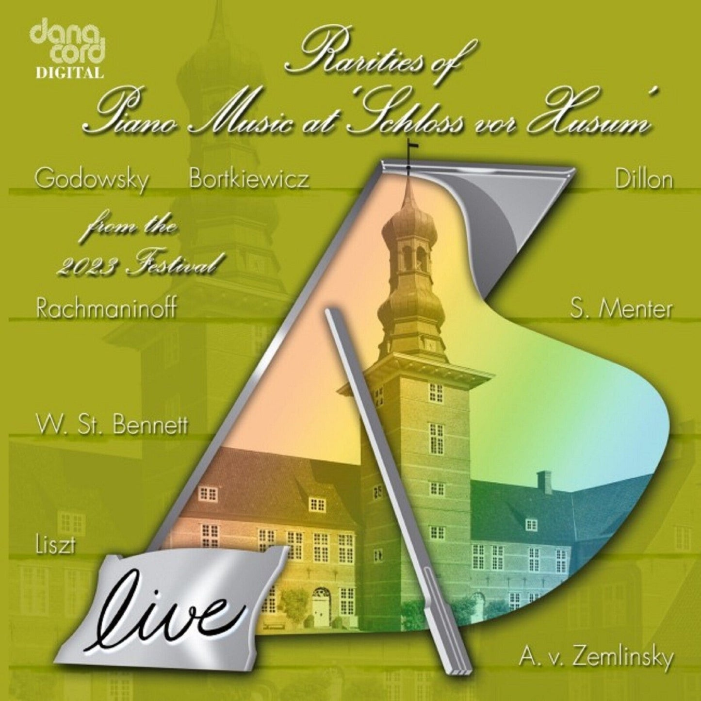 CD cover: piano keys, castle tower, and composers’ names in script.