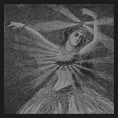 Black and white engraving of a woman with outstretched arms.