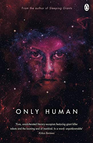 Book cover featuring a human face blended into a vibrant, star-filled nebula background.