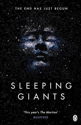 The image depicts a book cover with a starry night sky background. Alt text: Book cover with starry face and title "SLEEPING GIANTS" in white text.