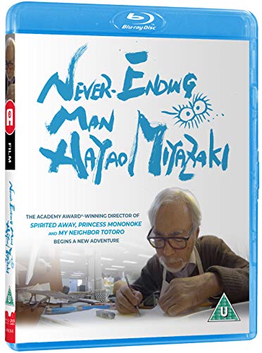 Blu-ray cover for “Never-Ending Man Hayao Miyazaki” featuring Miyazaki drawing.