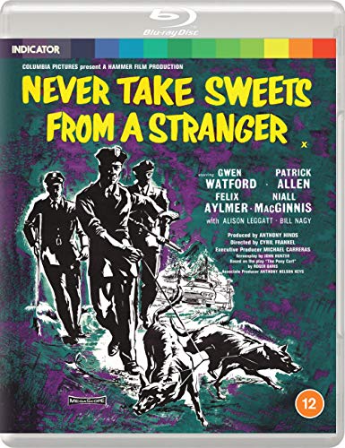 Blu-ray cover for "Never Take Sweets From A Stranger" featuring men and dogs.