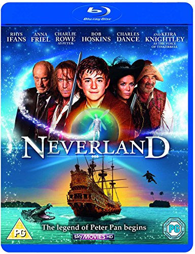 "Blue-ray case cover for 'Neverland' with actors' images and a pirate ship."