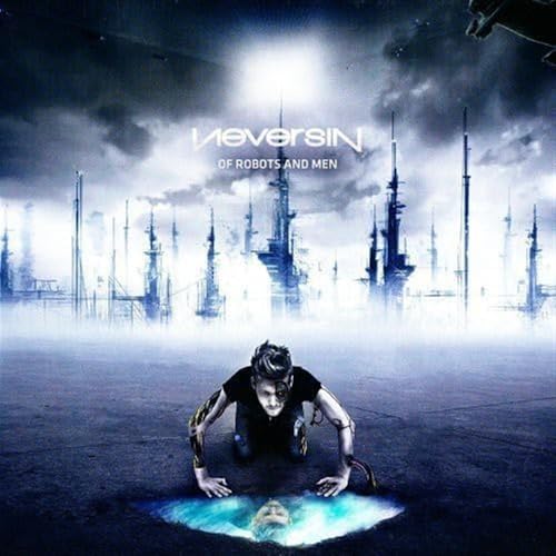 CD cover: man and robot in futuristic, misty cityscape.