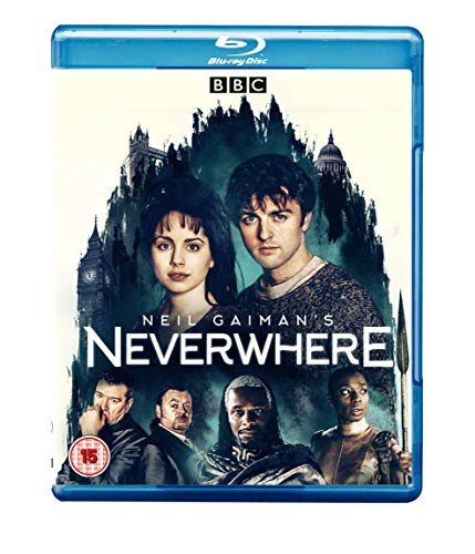 Neverwhere" Blu-ray cover featuring cast portraits against a London cityscape.