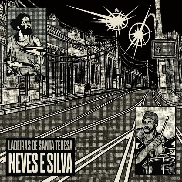 Black and white illustration of musicians playing drums in a street scene.