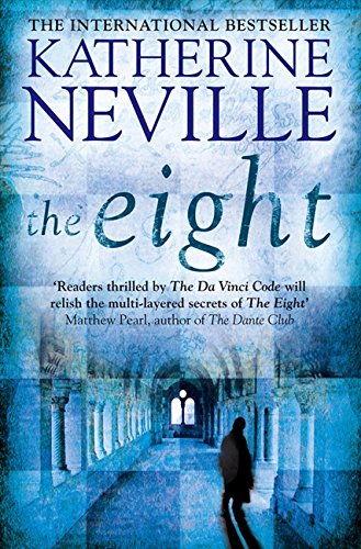 Book cover for The Eight by Katherine Neville featuring a blue-toned stone hallway silhouette.